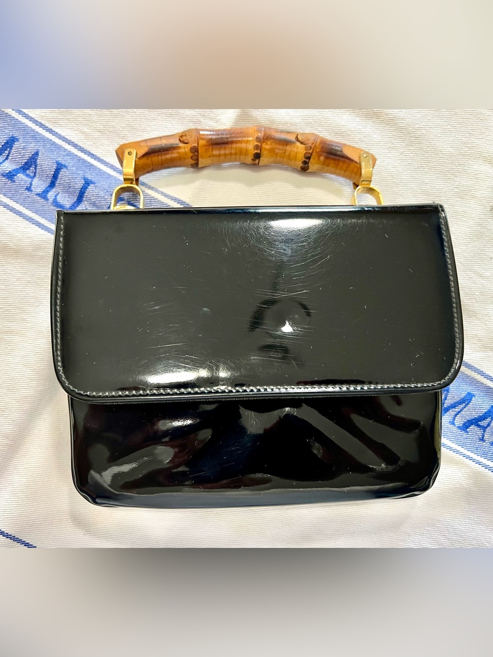 Vintage Black Patent Leather Bamboo Handle Handbag